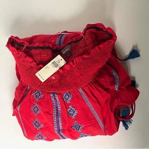 Anthropologie Off Shoulder Embroidered Boho Dress Small Red Cotton Summer Tassel - Picture 5 of 10